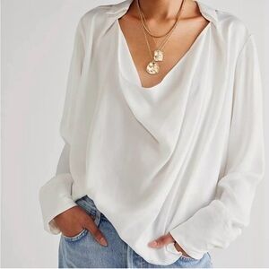 Free People Shine Bright Cowl Neck Blouse Small White Romantic Pirate Flowy Boho